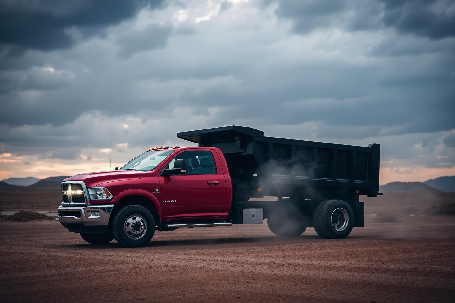 Red heavy-duty truck with dump trailer on job site